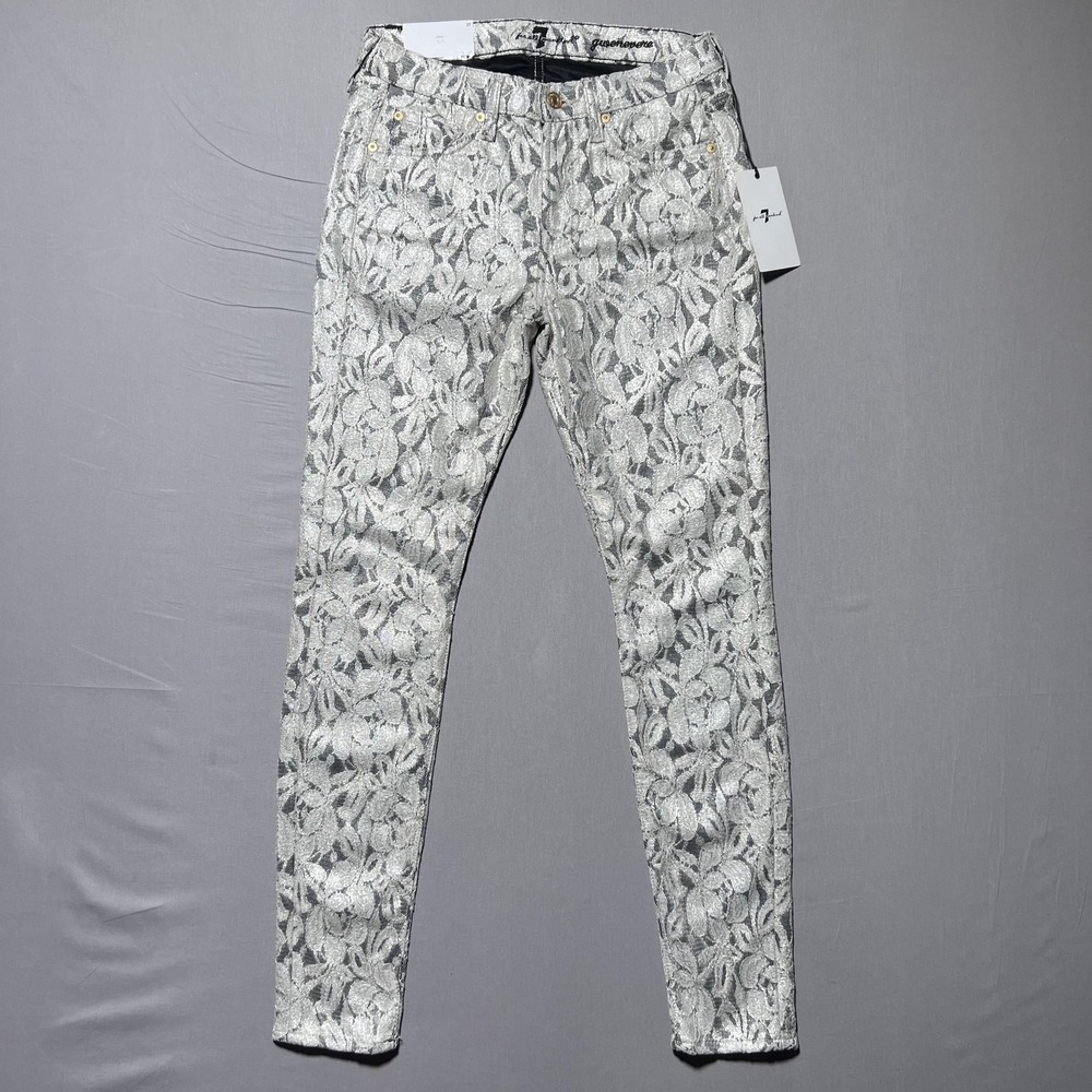 7 For All Mankind Gwenevere Skinny Floral Pants Womens 27 Silver Lace Low‎ Rise